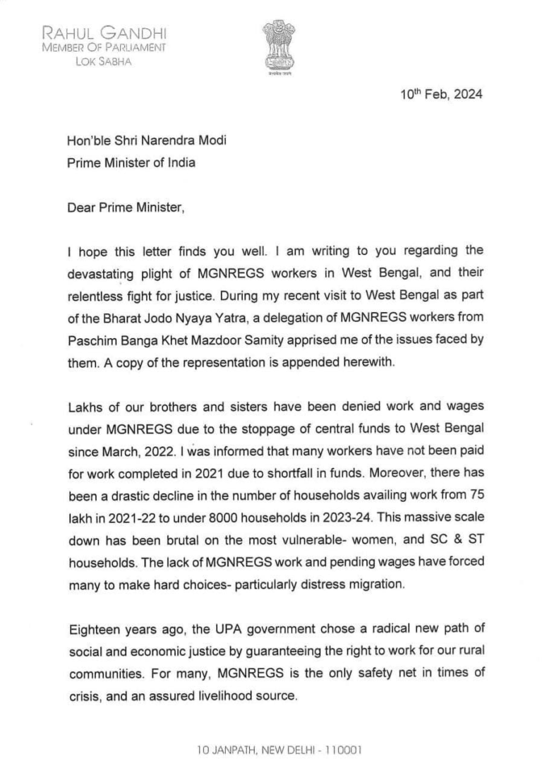 MGNREGS Workers Rahul Gandhi wrote letter to pm modi
